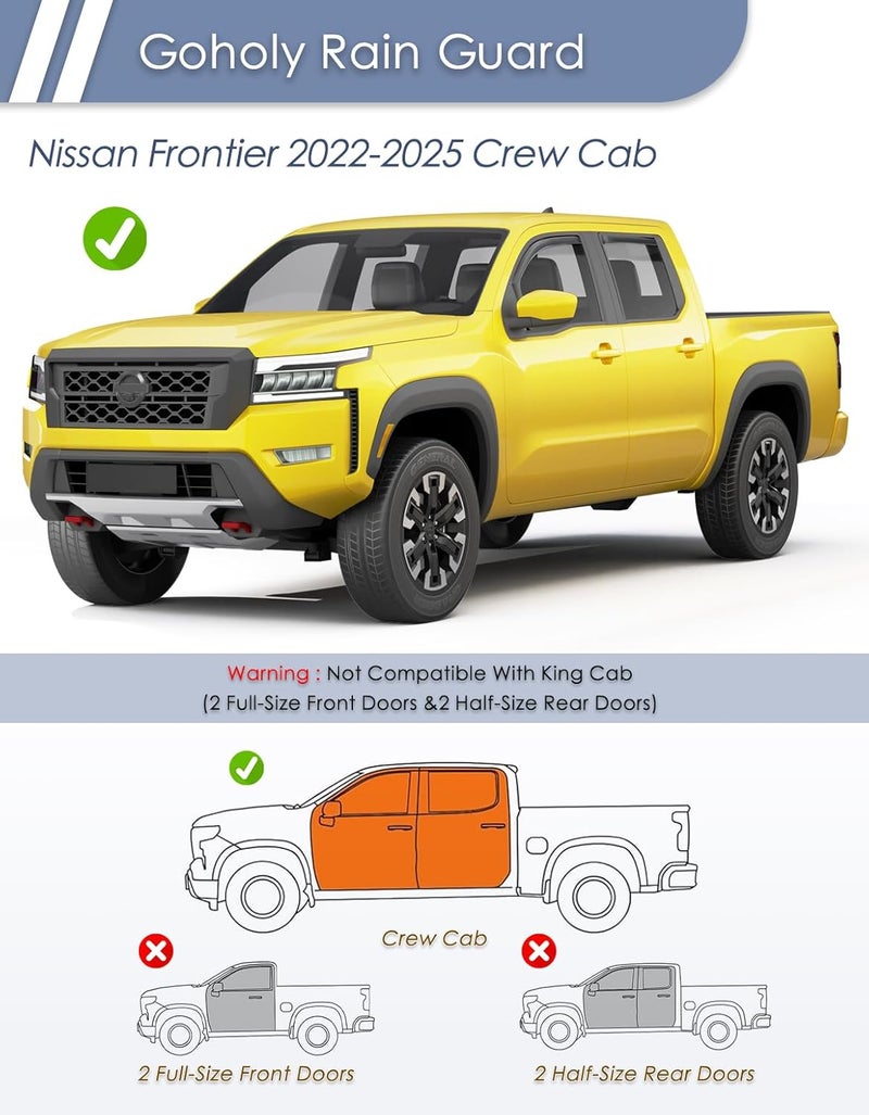 Goholy in-Channel Window Rain Guard for Nissan Frontier 2022-2025 2026 Crew Cab Truck Rain Guards Side Window Visors Low Profile Vent Visor Window Deflectors Vent Shades Car Accessories-4pcs - Image 3
